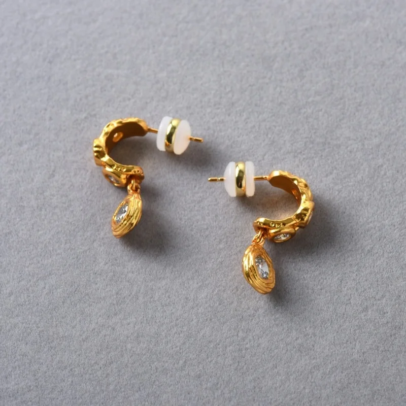 Palace Vintage Concave Convex C-shaped Inlaid Zircon Water Droplet Pendant Earrings for Women's Fashion Exquisite Jewelry