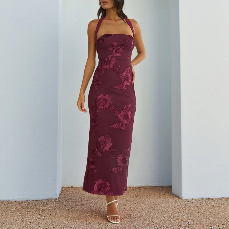 

Floral Embroidery Long Dress Women Elegant Halter Neck Summer Dress Slim Fit Slit Long Dresses Chic Party Dresses Women Clothes
