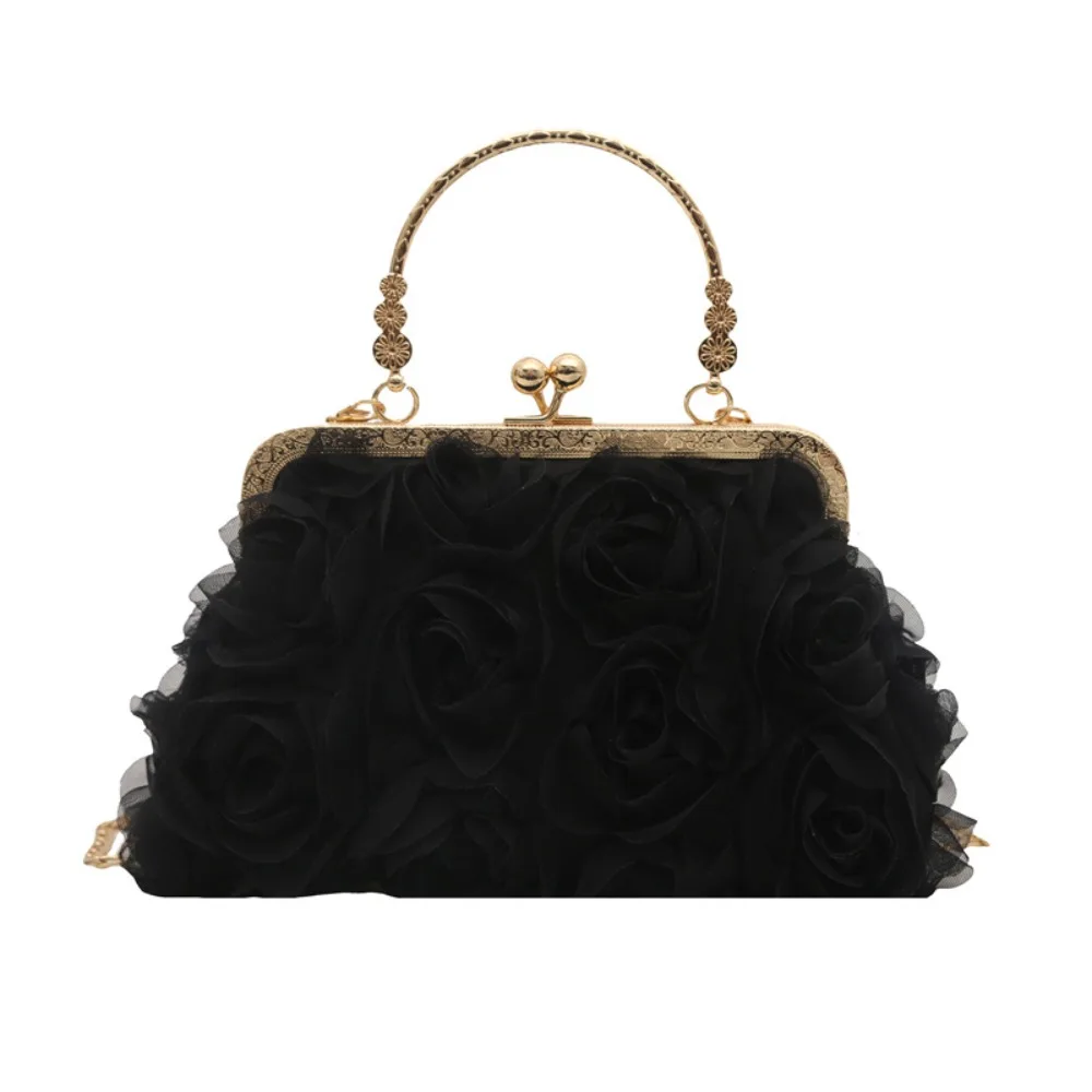 

Portable Chiffon Evening Banquet Bag Chain Flower Kiss Lock Shoulder Bag 3D Handheld Crossbody Bag Travel