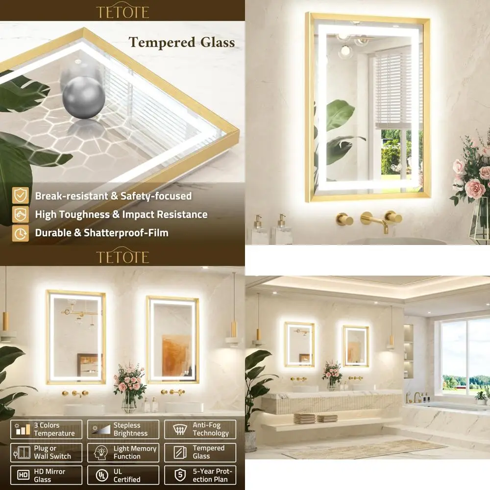 مرآة زينة LED مقاس 20 × 28 بوصة مع إطار ذهبي مصقول، إضاءة أمامية وخلفية، مضادة للضباب، قابلة للتعتيم بدون خطوات، 3 درجات حرارة ألوان #1