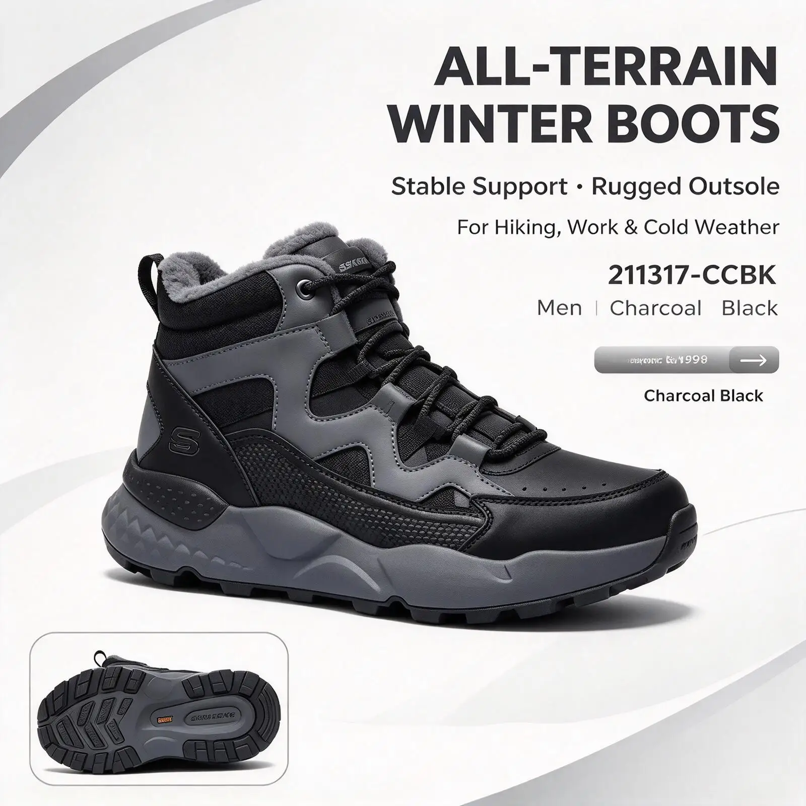 Skechers Men Winter Hiking Boots 211317-CCBK, Charcoal Black Snow Boots, Warm Supportive Outdoor Work Walking Shoes