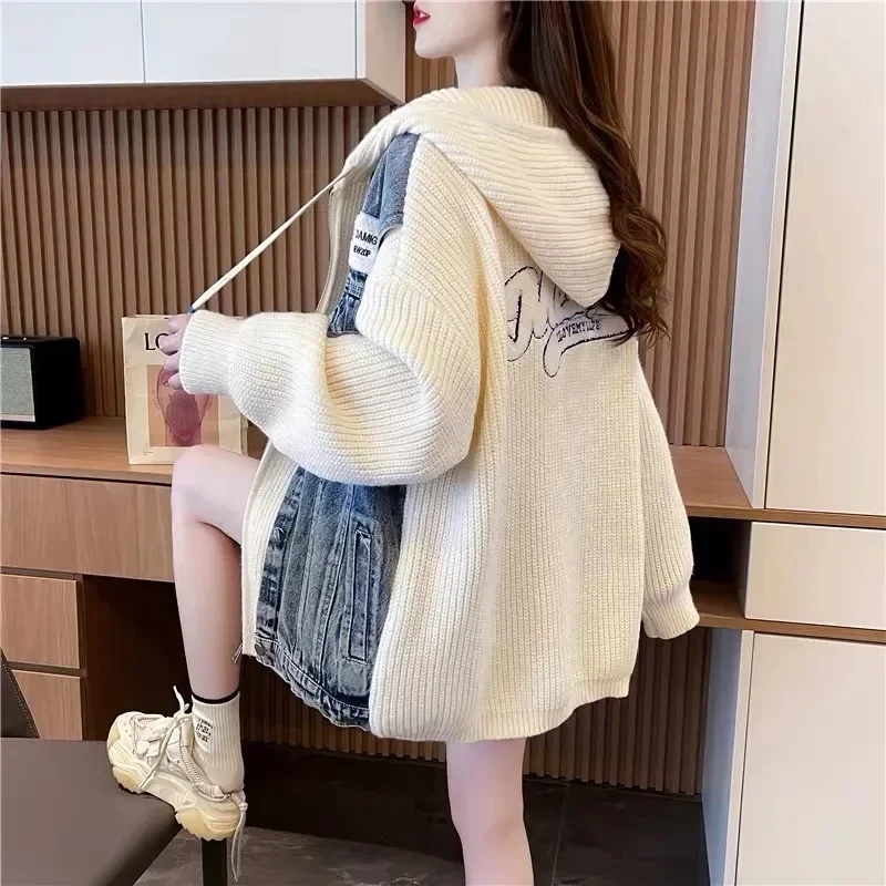 Knitted Cardigan Jacket Women Autumn Winter Korean Version  Fashion Cowboy Splicing Appear Thin Ladies Hooded Sweater Coat A590