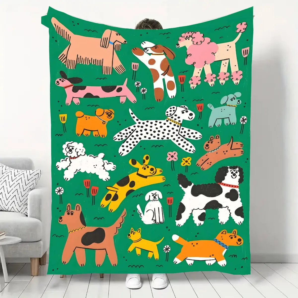 Cheerful Hand Drawn Dogs Throw Blanket,Bright Green Pet Flower Warm Blanket for Couch Trip Pet Lover Household Lovely Room Decor