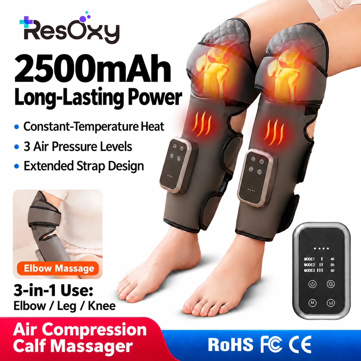 Calf Massager with Heat Rechargeable Air Compression 8866 Leg Wrap 3 Intensity Levels for Knee Elbow Daily Relaxation at Home