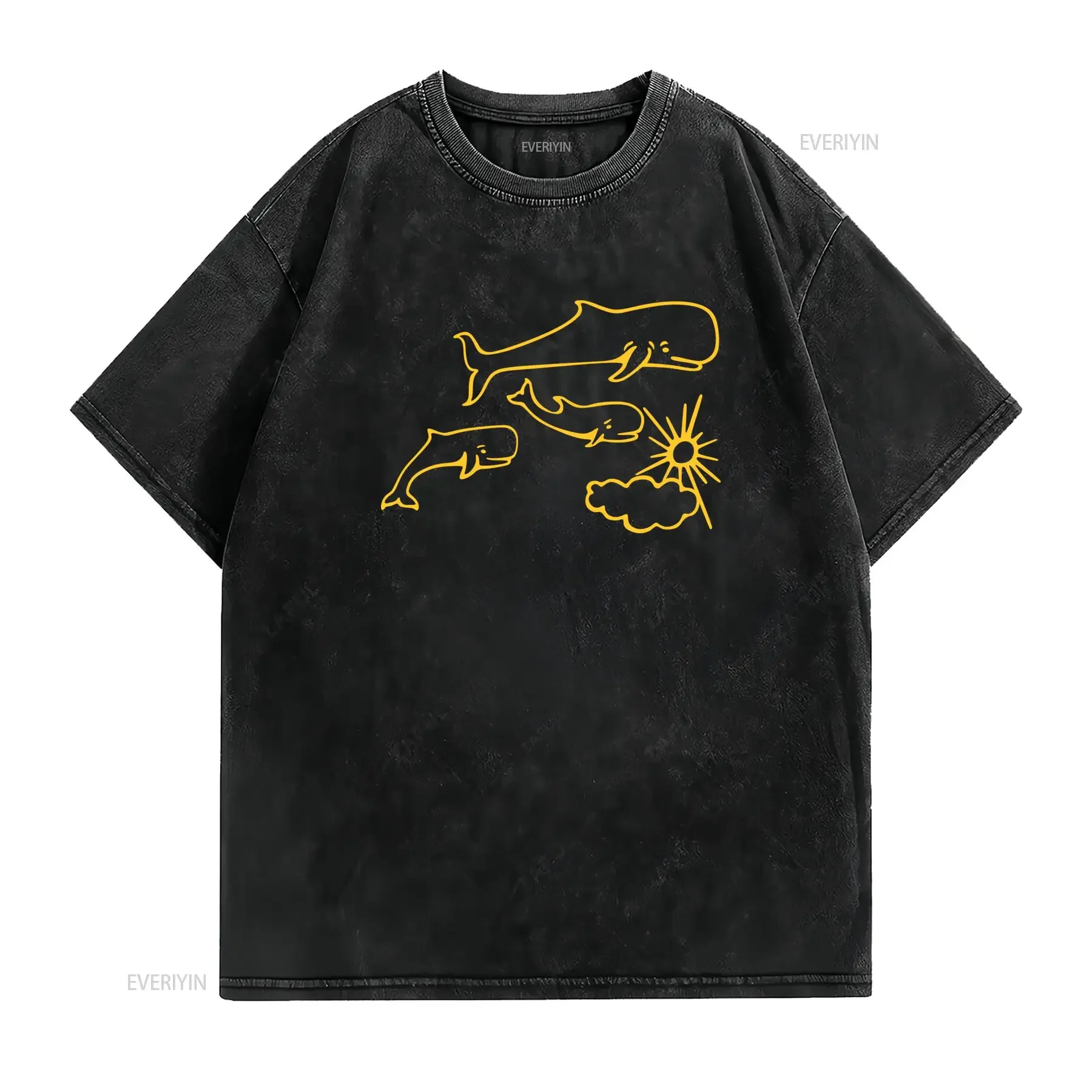 Camiseta con estampado de tatuaje ballenas y sol Robe Of Extremoduro Cuello redondo casual tejido ligeramente elástico vintage
