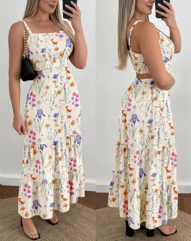 

Women Dress 2026 Spring New Printed Square Neck Adjustable Shoulder Strap Shirred Back Hollow Waist Casual A-Line Long Dress