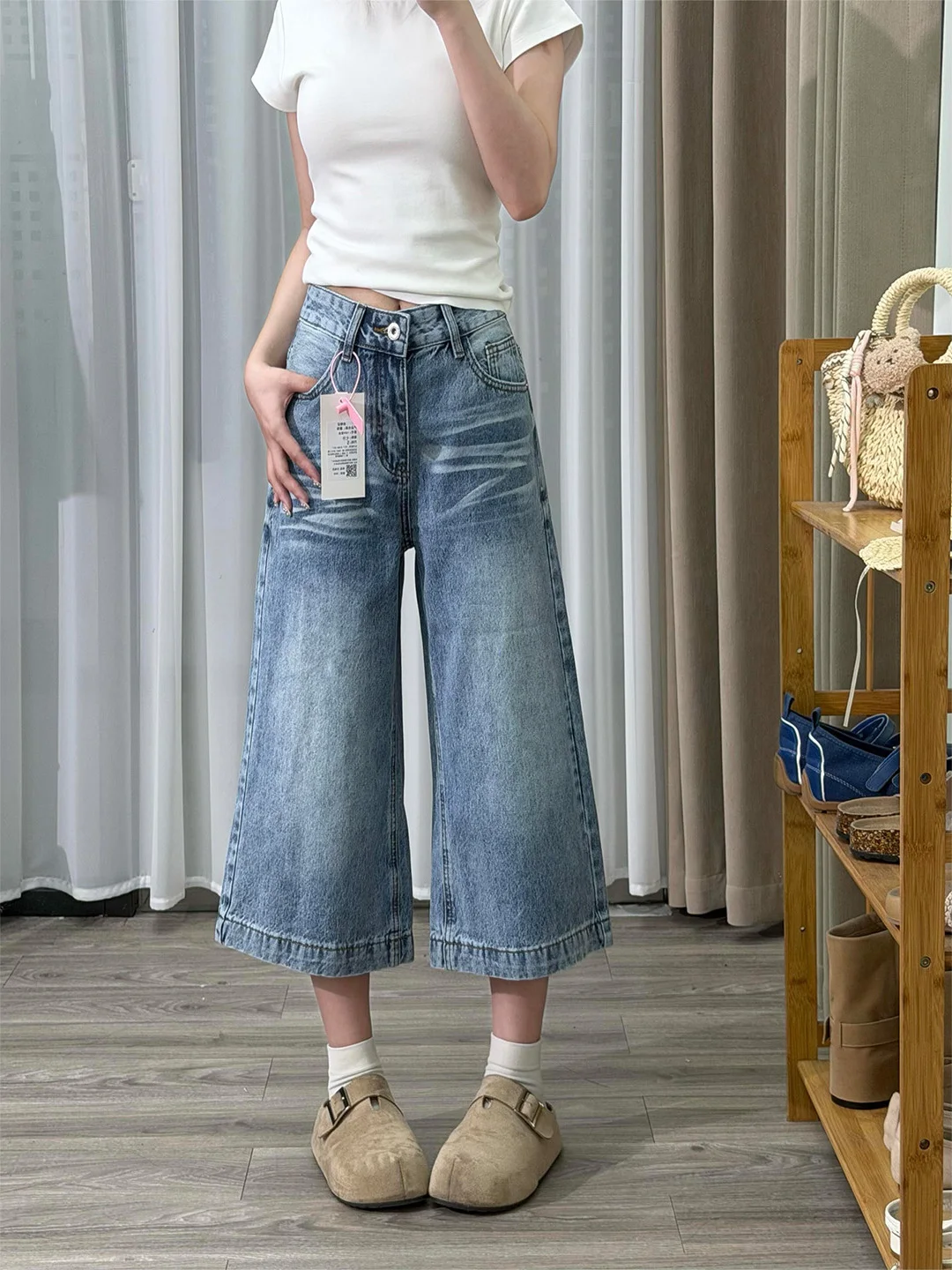 

Washed Blue Seven-Foot High Waist Straight Leg Jeans Women's Pear Shape Vintage Mid-Calf Denim Pants Summer New Arrival