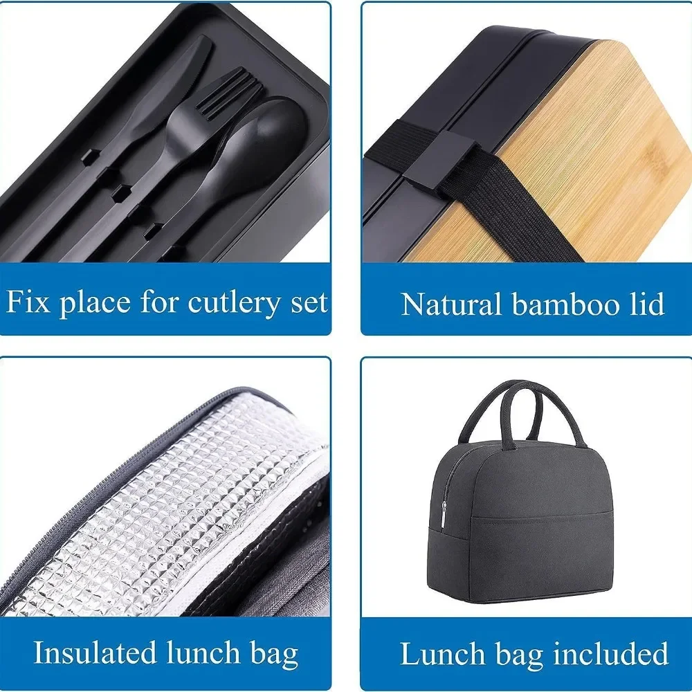 Bento-Lunchbox für Erwachsene, 2-stufiges Aufbewahrungsbehälter-Set für Lebensmittel mit Besteck für Kinder/Kinder, zerkleinerer, mikrowellengeeignet und spülmaschinenfest – Detail 3