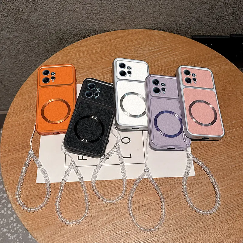 Luxury Vintage PU Lychee Leather with Magnetic Circle Crystal Beaded Strap TPU Phone Case For Redmi Note 12 4G 11TPro Back Cover