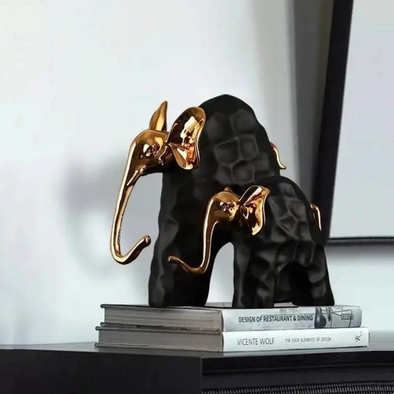 Resin Handicraft Artificial Animal Sculpture Elephant Mother-calf Calf Golden Animal Statue Decorative Figurines Home Decoration