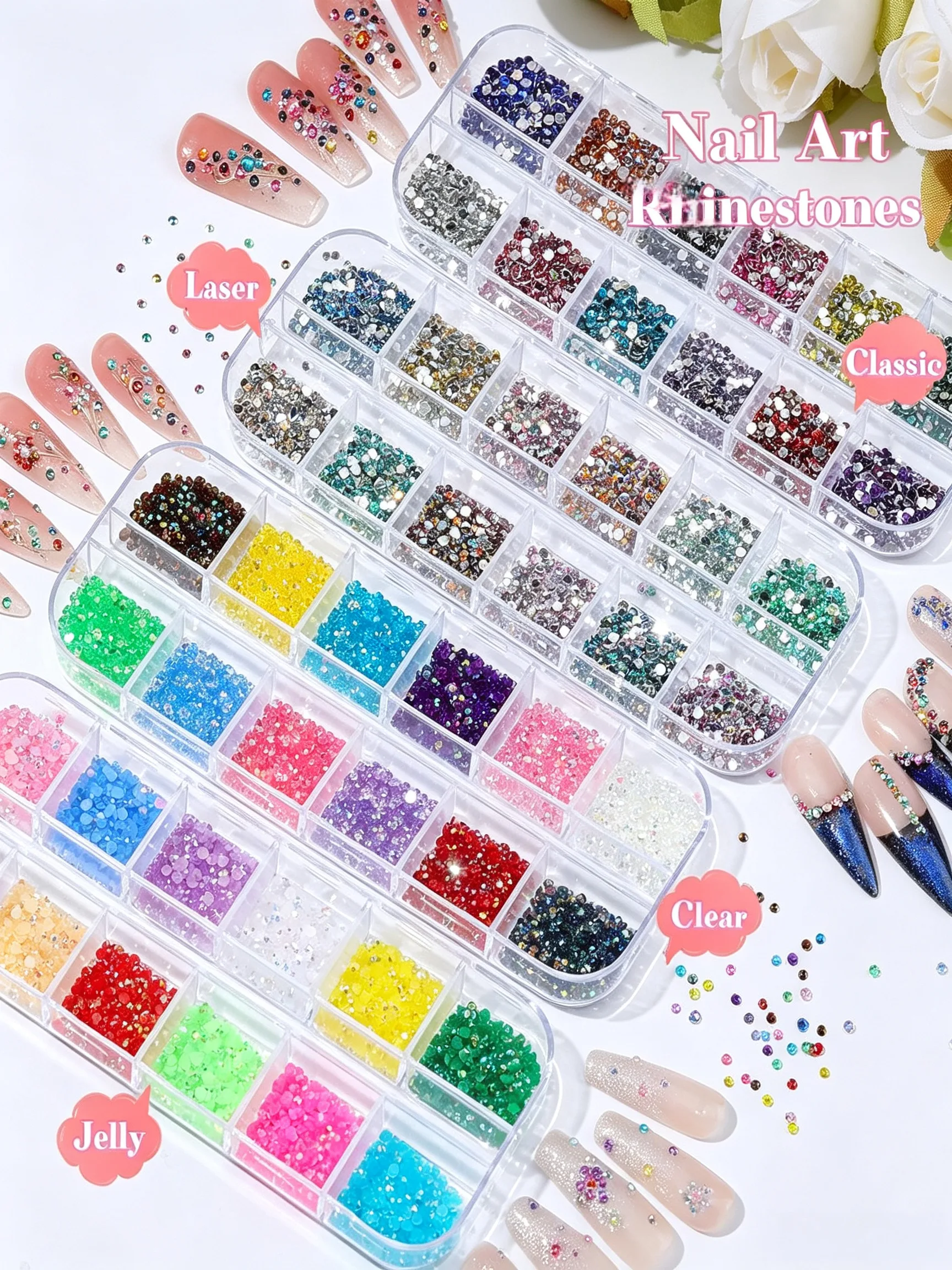 Bedazzling Kit Rhinestones 3mm Small Gems 4 Boxes 48 Colors Bedazzler Kit for Kids Picker Wax Pen Tweezers Crafting Nail Art
