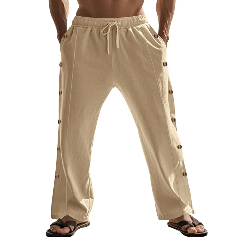American Casual Straight Beach Pants, Loose, Comfortable, Breathable, Solid Color Cotton and Linen Buttoned Casual Pants