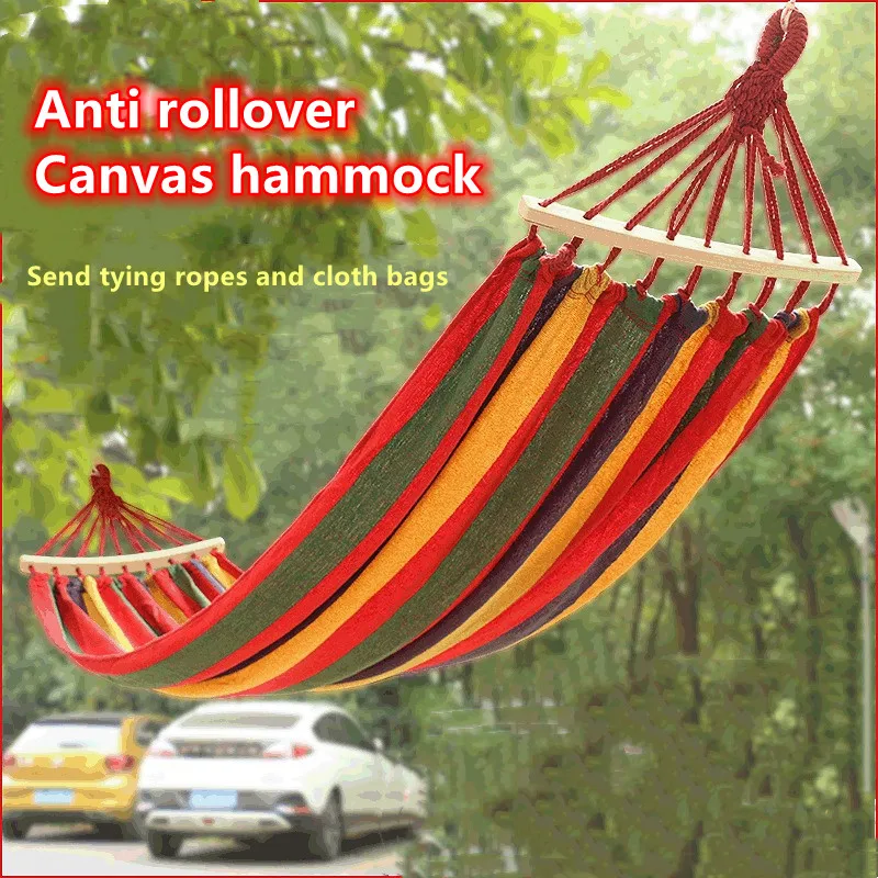 Canvas curved stick hammock, swing wooden stick anti rollover children\'s single and double hammock, outdoor camping supplies