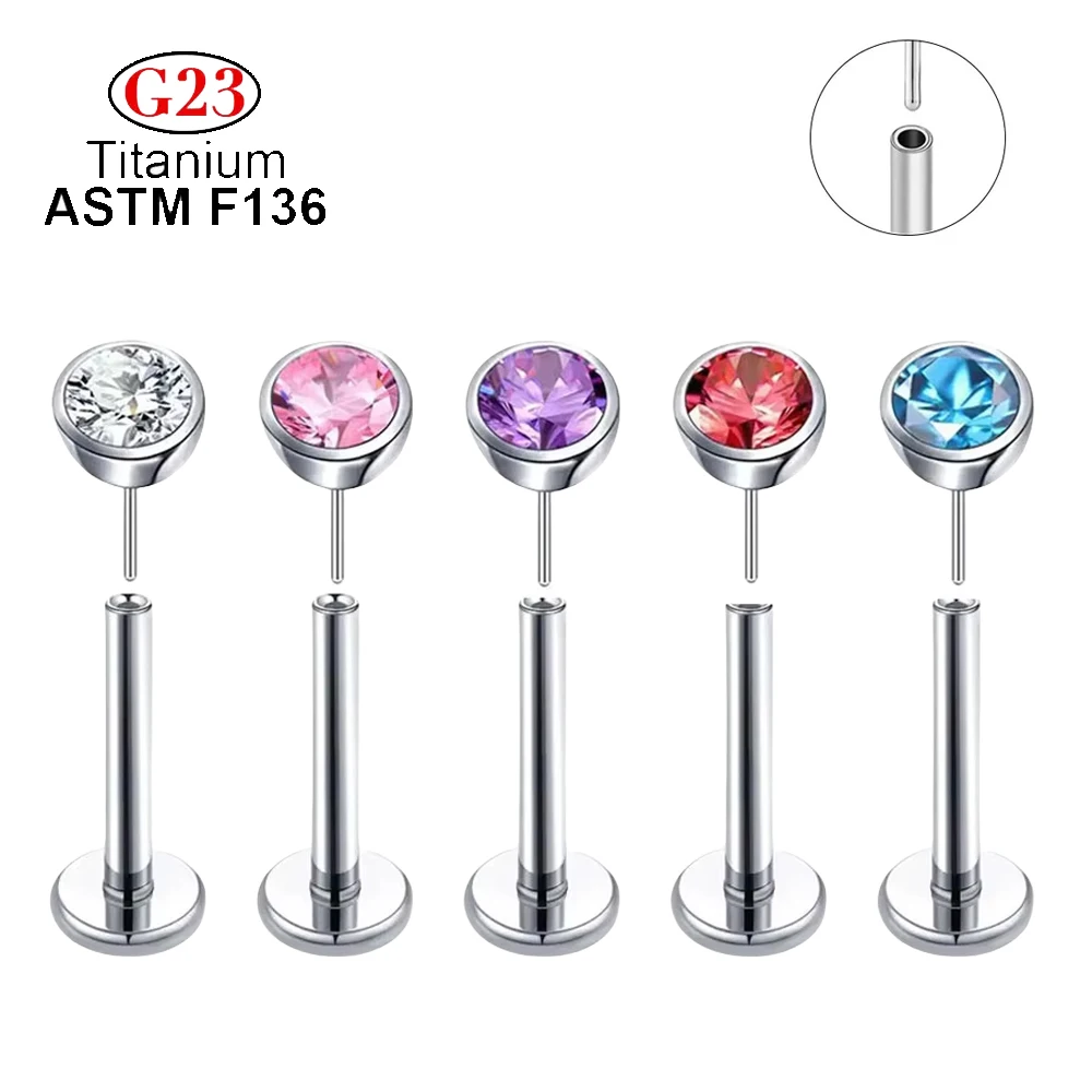 G23  Push Pin Titanium Earrings Set CZ Stone Labret Lip Nose Piercing for Women Ear Stud Tragus Cartilage Threadless Jewelry