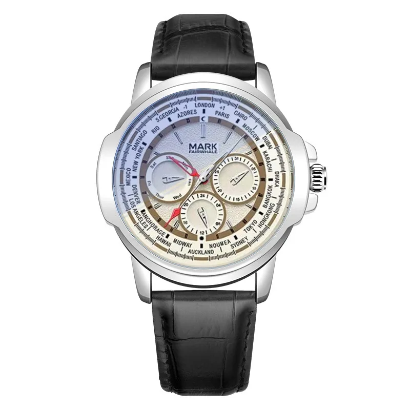 Globe Time Sub Second Decorative Minimalist Quartz Watch with PU Leather Strap Round Pin Buckle Waterproof for Men