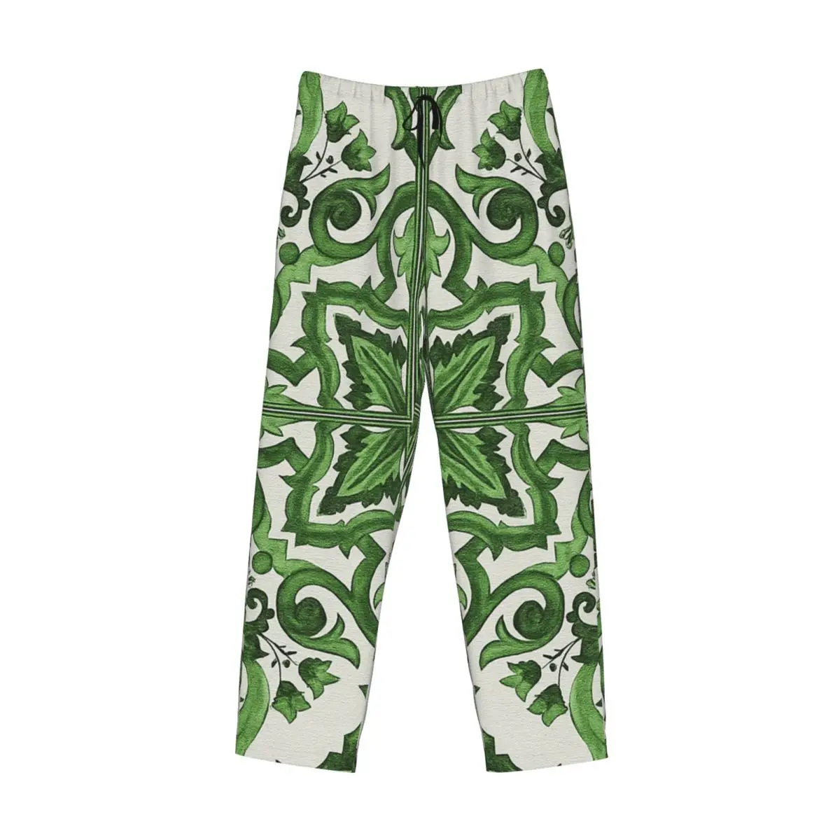 

Custom Green Ornate Floral Mediterranean Sicilian Tile Pajama Pants Men Sleepwear Sleep Lounge Bottoms with Pockets