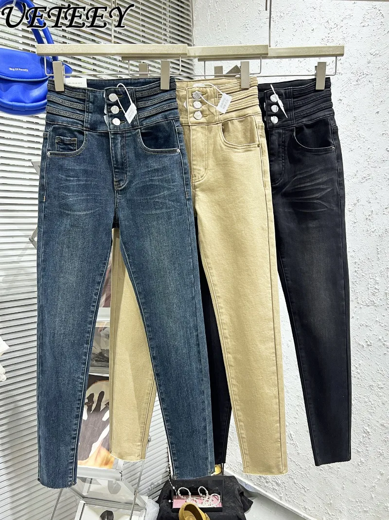 

Новые осенне-зимние женские джинсы с высокой талией, облегающие, цвета хаки, с эффектом похудения, эластичные, на тонкой флисовой подкладке