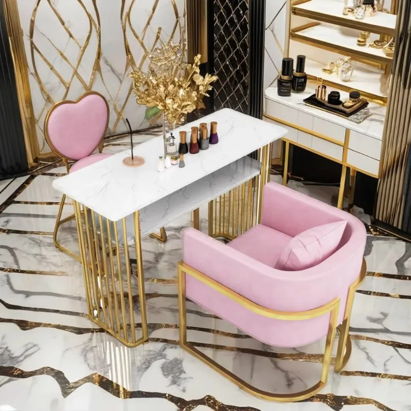 Luxury Modern Nail Salon Furniture Set with Gold Manicure Table & Chairs Professional Marble Top Beauty Nail Professional