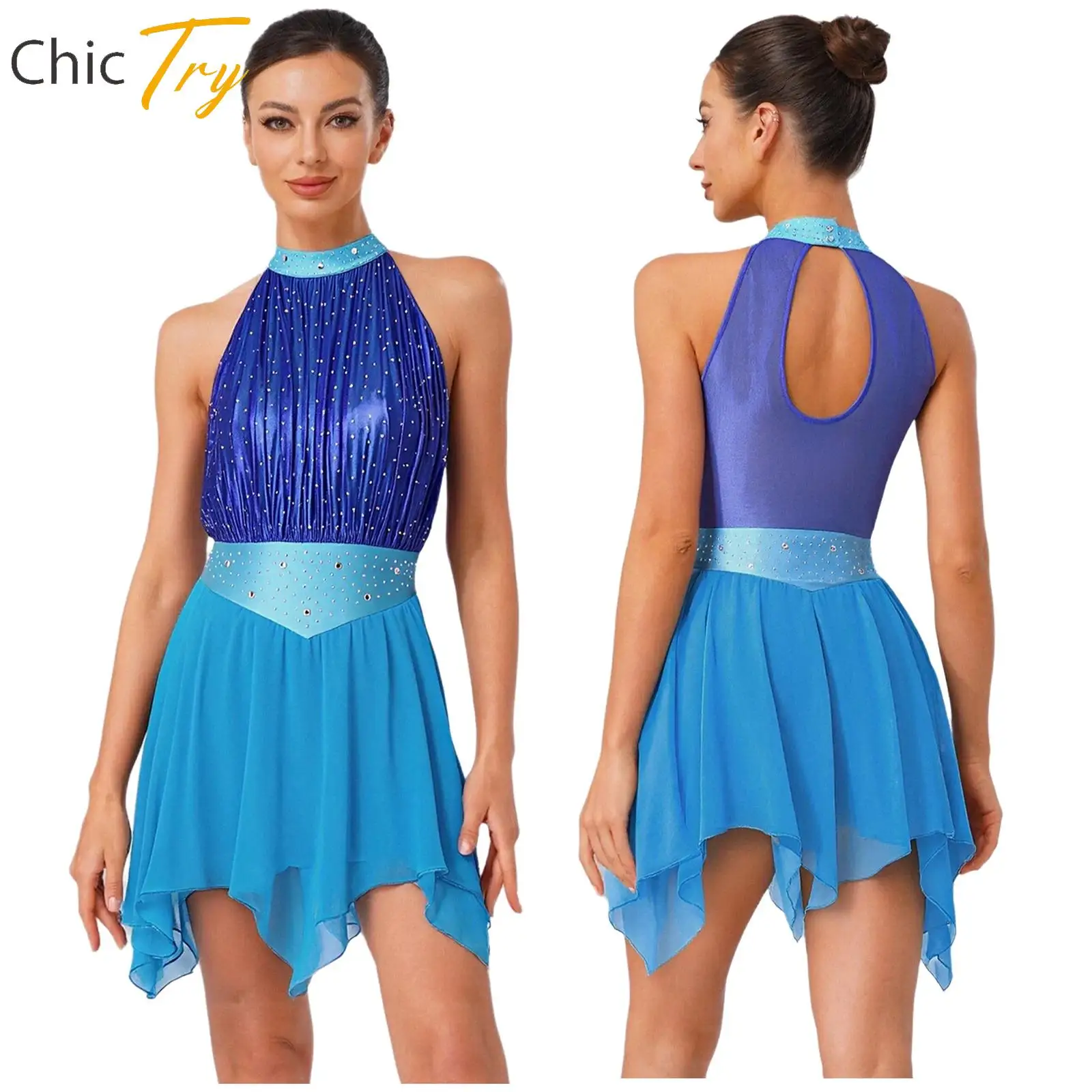 

Womens Modern Lyrical Dance Performance Dress Rhinestone Mesh Leotard Dancewear for Ballet Gymnastics Figure Skating Acrobatics