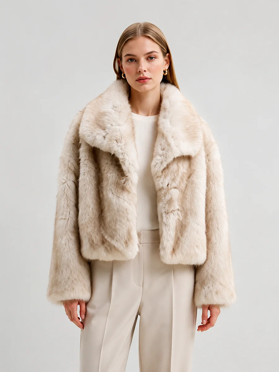 LIMO Women  Faux Fur Jacket  Lapel  Front Long Sleeve Cropped Plush Fluffy Warm Winter Luxury Elegant Daily Outerwear Coat