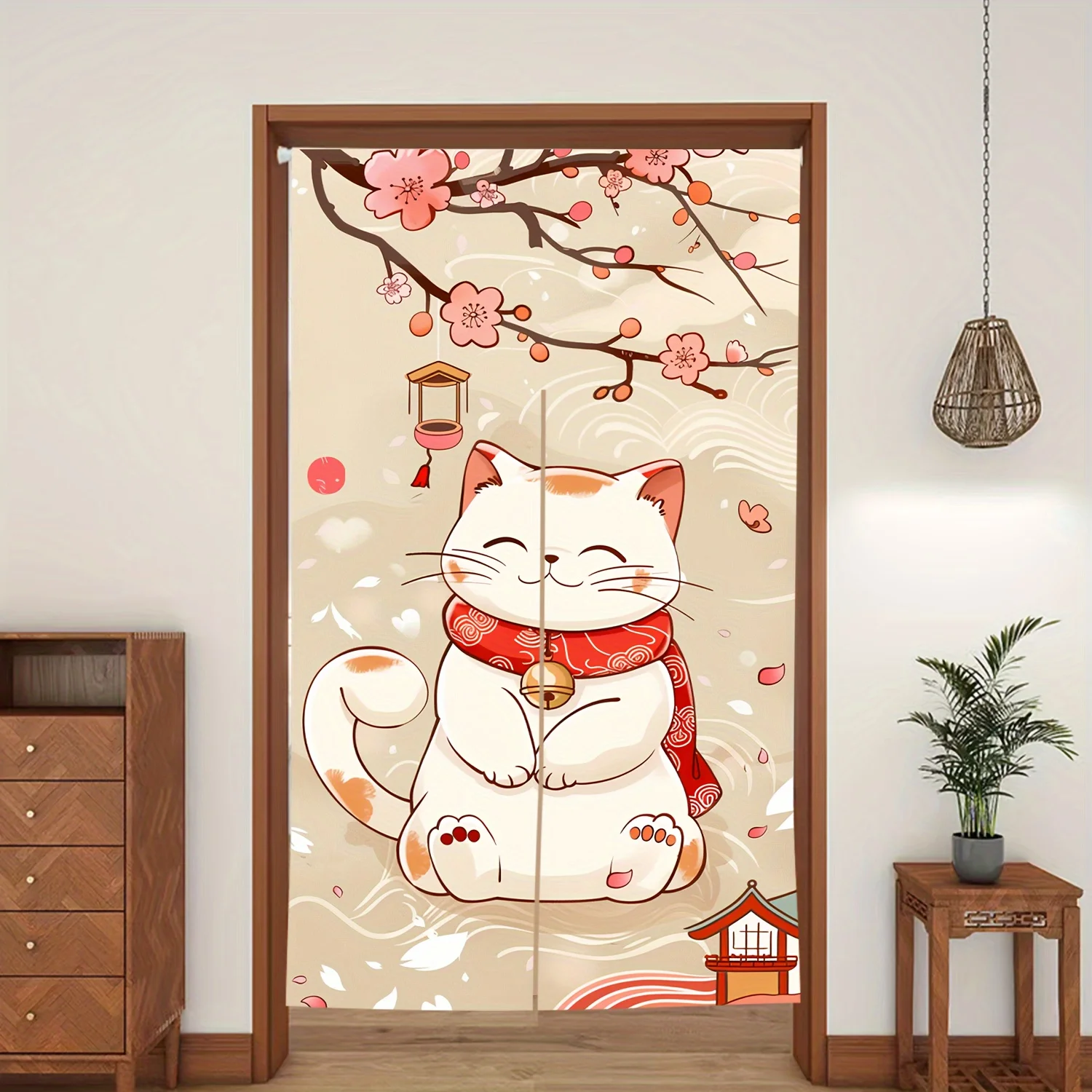 1pc Japanese lucky cat door curtain Japanese style cherry blossom bell cartoon print fabric partition curtain home decoration