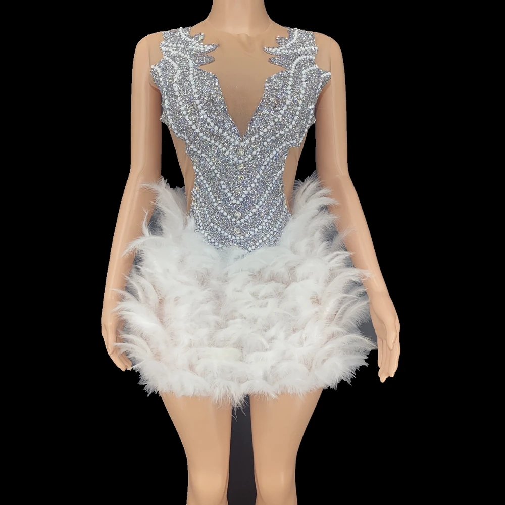

Sparkly Rhinestones Mesh Transparent Short Feather Dress Women Party Prom Birthday Wedding Party Dress Nightclub Show Stage Wear