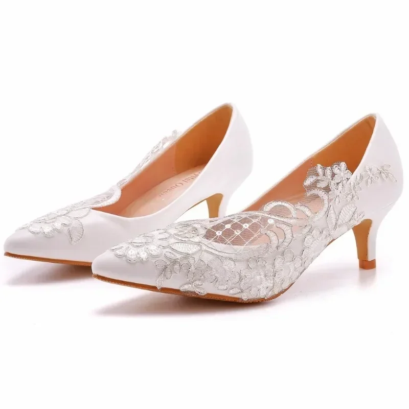 Women Pumps Pointed Toe Lace Slip-On PU 5CM Thin Heels Elegant And Minimalist Mature Banquet Wedding Shoe Sexy Ladies Party Shoe