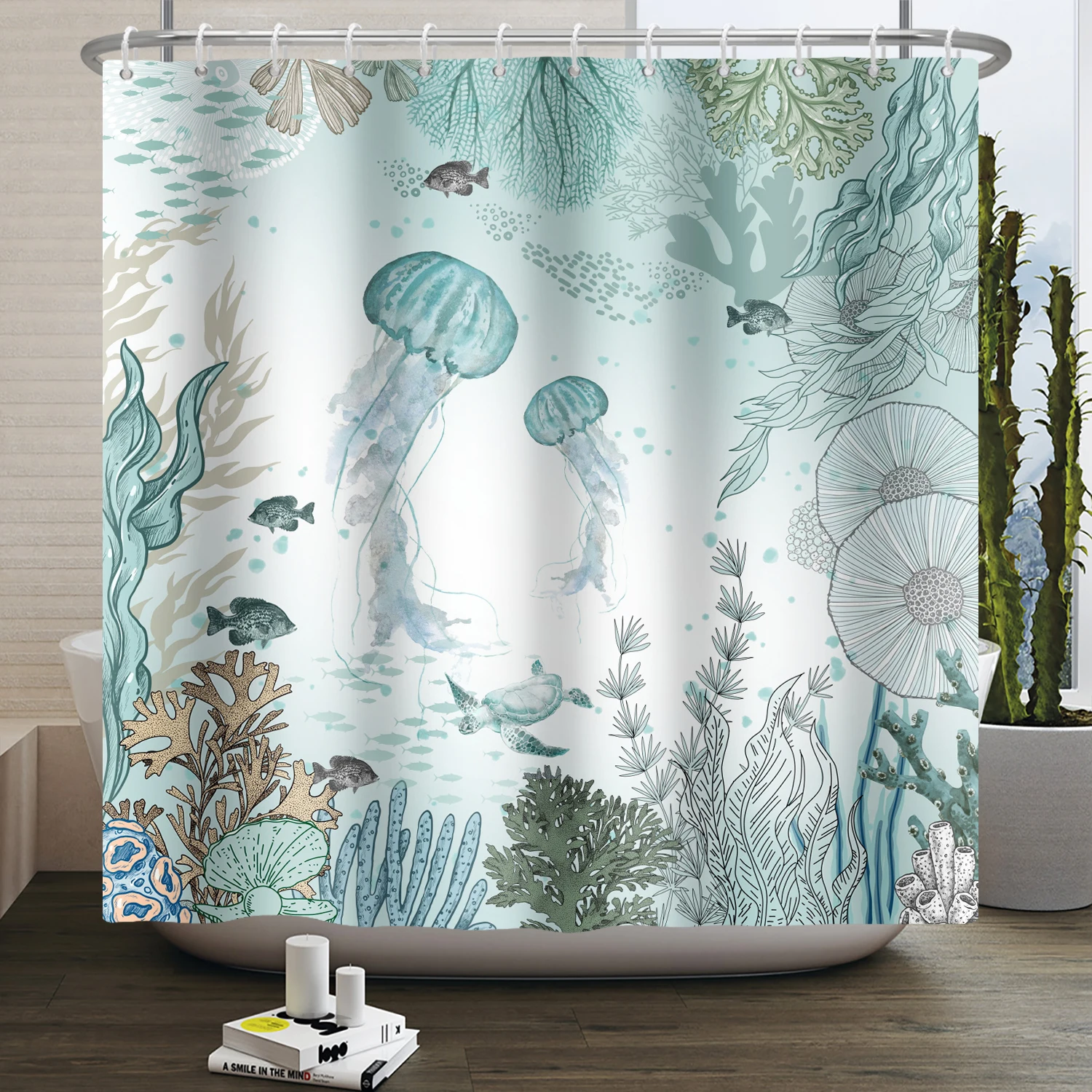 Sea Turtle Shower Curtain Ocean Animals Jellyfish Seahorse Starfish Nautical Underwater Marine Life Waterproof Bathroom Curtain