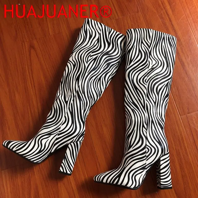 Womens Knee High Boots Pointed Toe Chunky Block Zebra Printing for Women Pointed Toe High Heels Shoes Ladies Thick Heel Botines