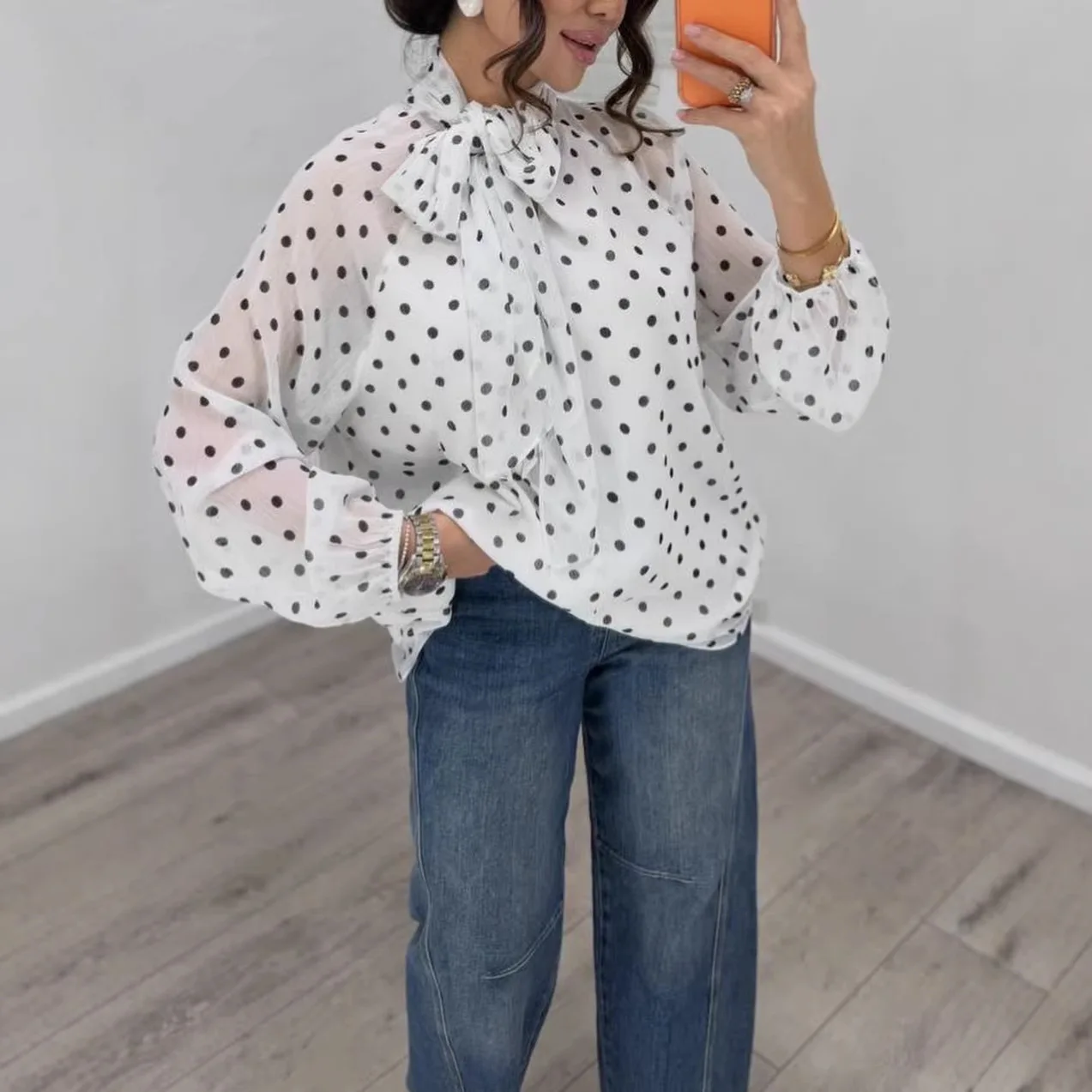 

2026 Autumn Women's Long Sleeve Bow Decorated Polka Dot Shirt Mature Style See-through Versatile Shirt Top