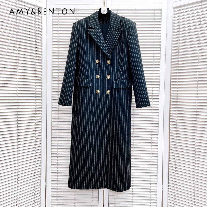 Autumn And Winter Fashion Commuter Blazer Women's Double-breasted Waist Versatile High-end Striped Suit Long Jacket Streetwear