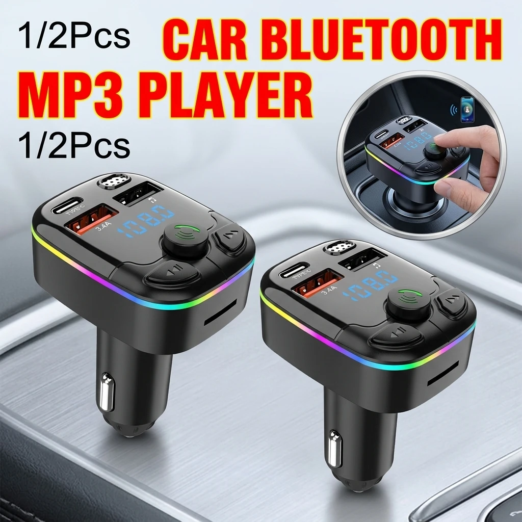 1/2Pcs Car FM Transmitter 5.0 PD Type-C Dual USB 3.1A Colorful Ambient Light Handsfree MP3 Modulator Player Car BT Player