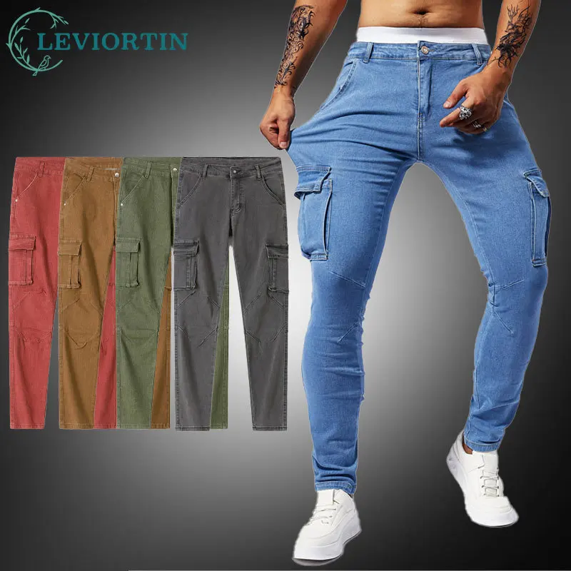 Men's Multi-color Workwear Jeans - Casual Straight Fit with Side Pockets Retro Utility Stretch Denim Pants for Active Lifestyle