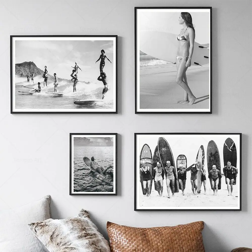 

Vintage Beach Surfing Poster Surf Girl Canvas Prints Surfboard Landscape Black White Photo Painting Wall Art Picture Home Decor