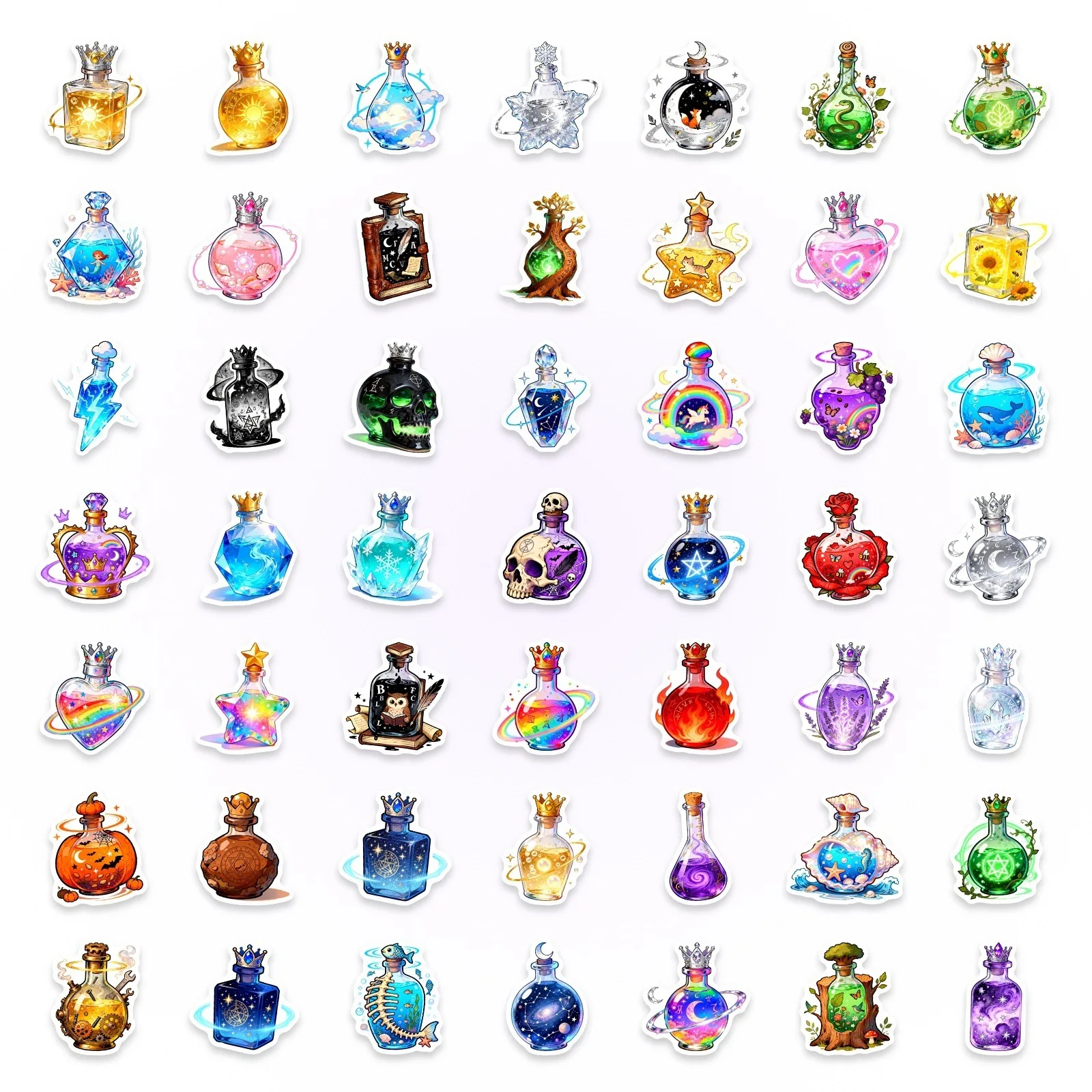 50 Pcs Cartoon Fantasy Potion Bottle Stickers Decorate Scrapbook Stationery Box Phone Suitcase Cup Album Skate Car Bumper Decals