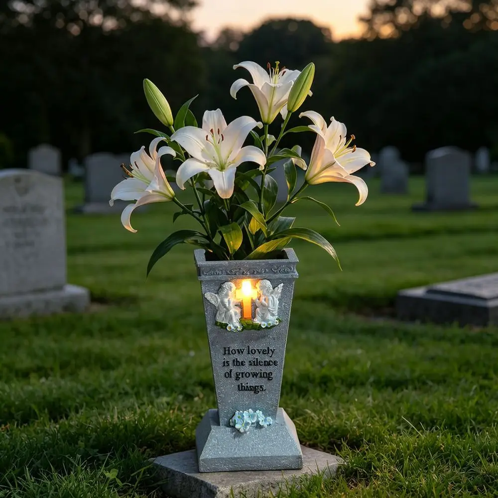Solar Powered Memorial Grave Vase Angel Cross Sculpture Outdoor Flower Pot For Garden Cemetery Yard Decoration