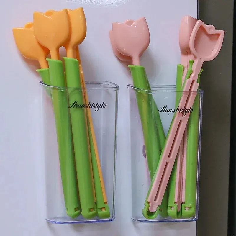 5Pc Creative Tulip Shaped Bag Clip Portable Food Snack Bread Sealing Clip with Magnetic Storage Box Plastic Pocket Sealing Clamp