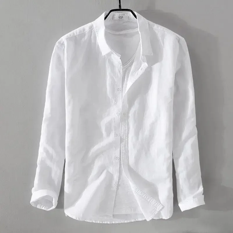 

Spring Summer Men's Casual Loose Linen Cotton irt Thin ort Sve Long Sve White Outerwear Faion Urban Sle Stan...