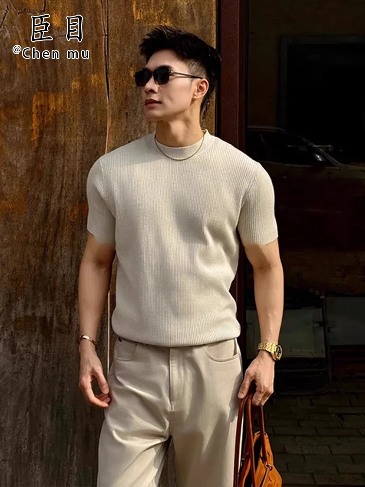 

Slim Fit Ice Silk Knitted ort Sve Men's T-irt Casual Sle Vertical Stripes oulder Width Regular Length round Ne