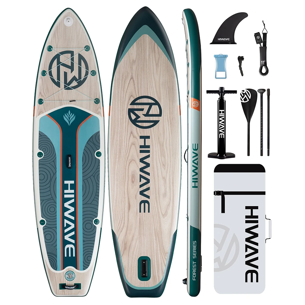HIWAVE Leichtes Holzmaserung-Design Wasserdichtes Aufblasbares Paddleboard 11''x34''x6'' für Erwachsene im Steh-Stil mit Zubehör SUP-Board