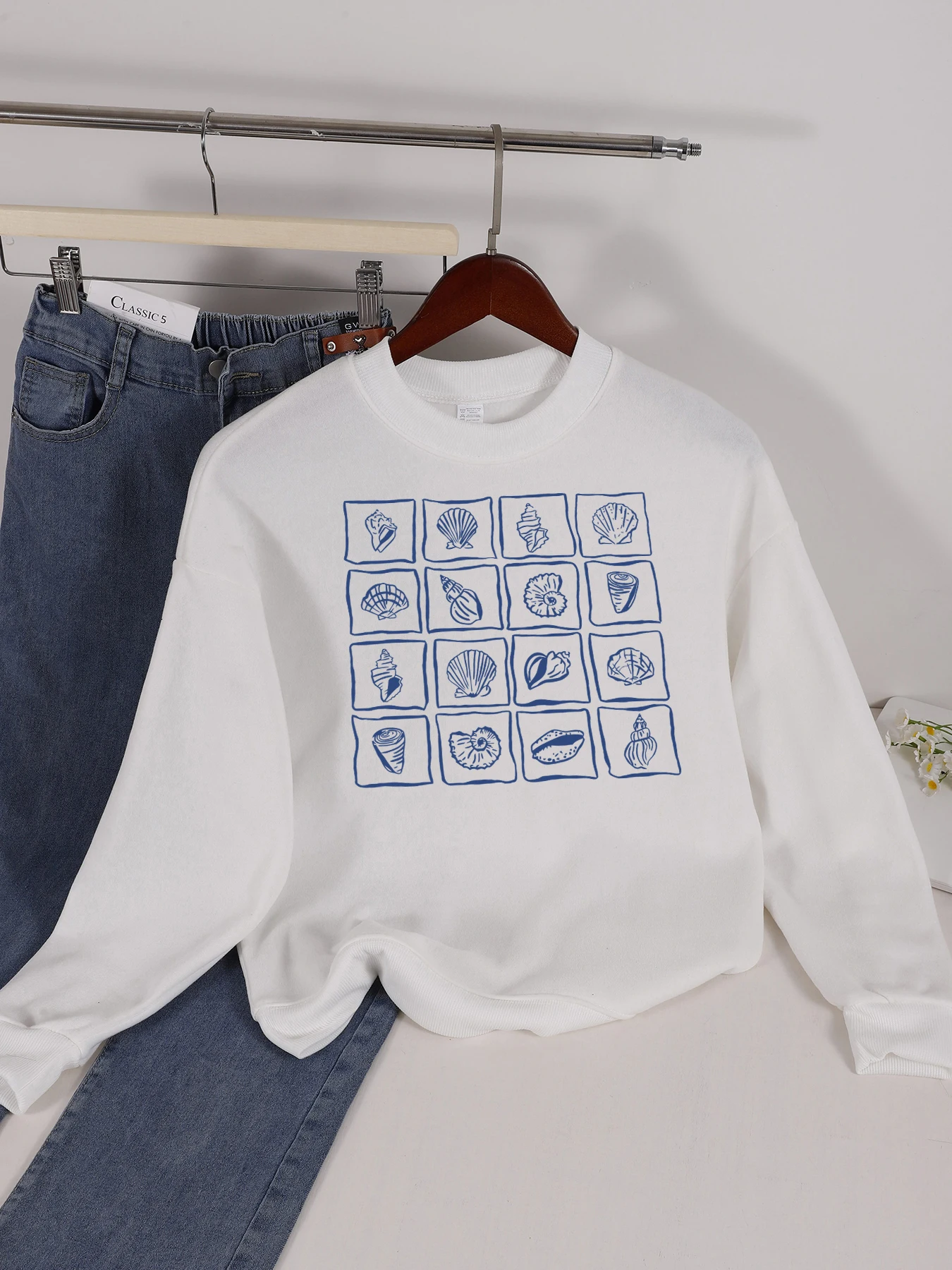 

Интересный женский пуловер с рисунком океанских ракушек и ракушек, разноцветный свитшот с 0-образным вырезом, осенняя одежда, флисовый повседневный топ Y2K