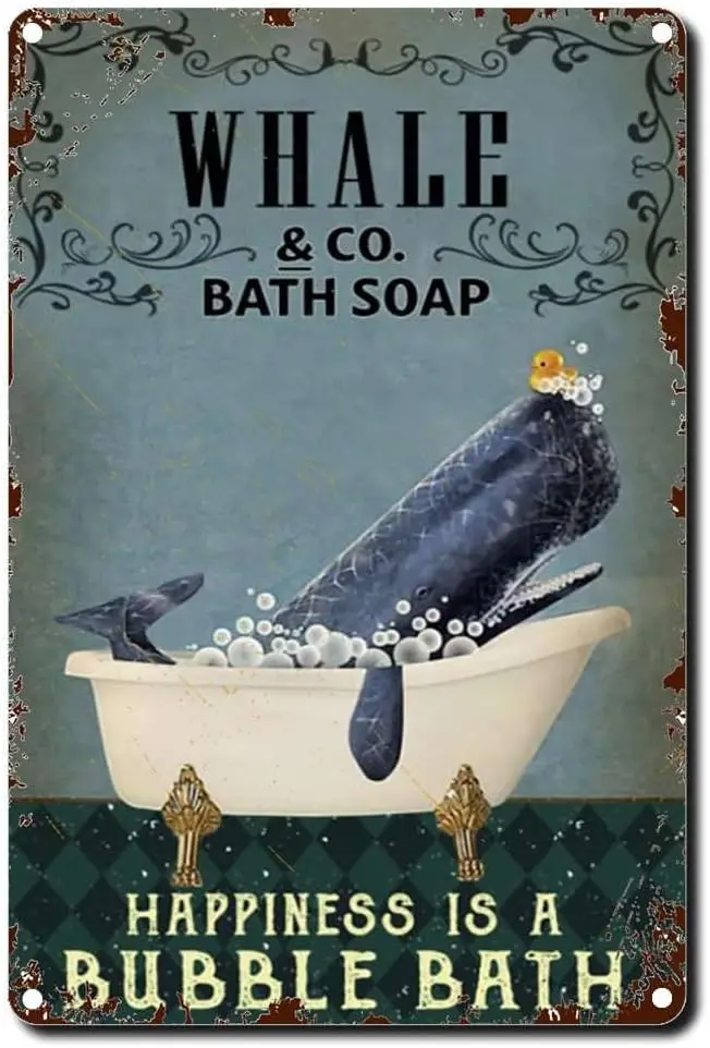 Tin Sign Whale Bath Soap Happiness is A Bubble Bath Canvas Bathroom Restroom Wall Toilet Decor Animal Lover Wall Art Retro  sign