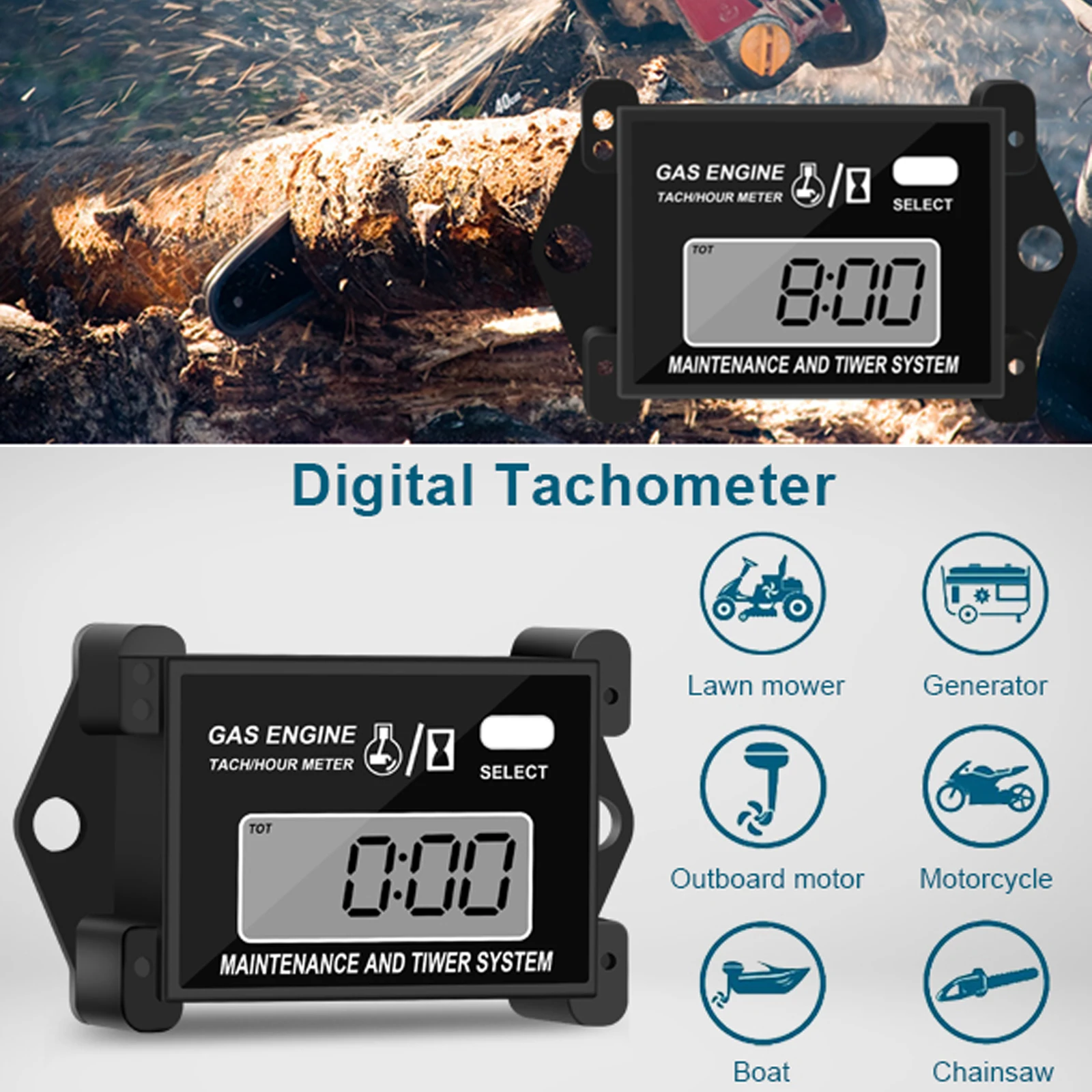 

30000rpm Digital Tiny Tachometer Tach Hour Meter Total Time, Job Timer,RPM Counter, Count Down SVC for Go Kart/Lawn Mowe/Othersr