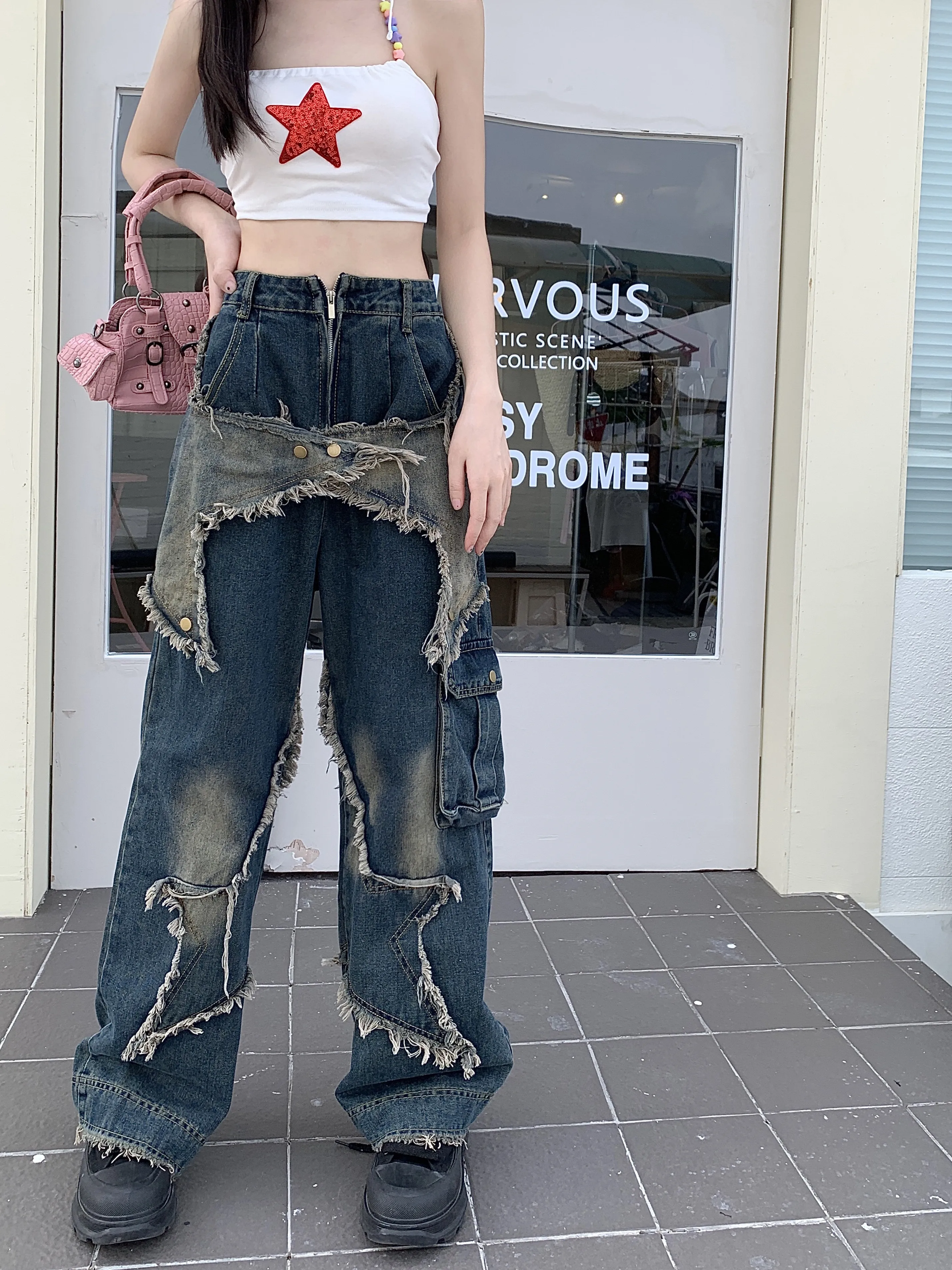 

2023 vintage wide leg jeans women's summer distressed denim color design feeling stars rough edge mop work pants women's trouser