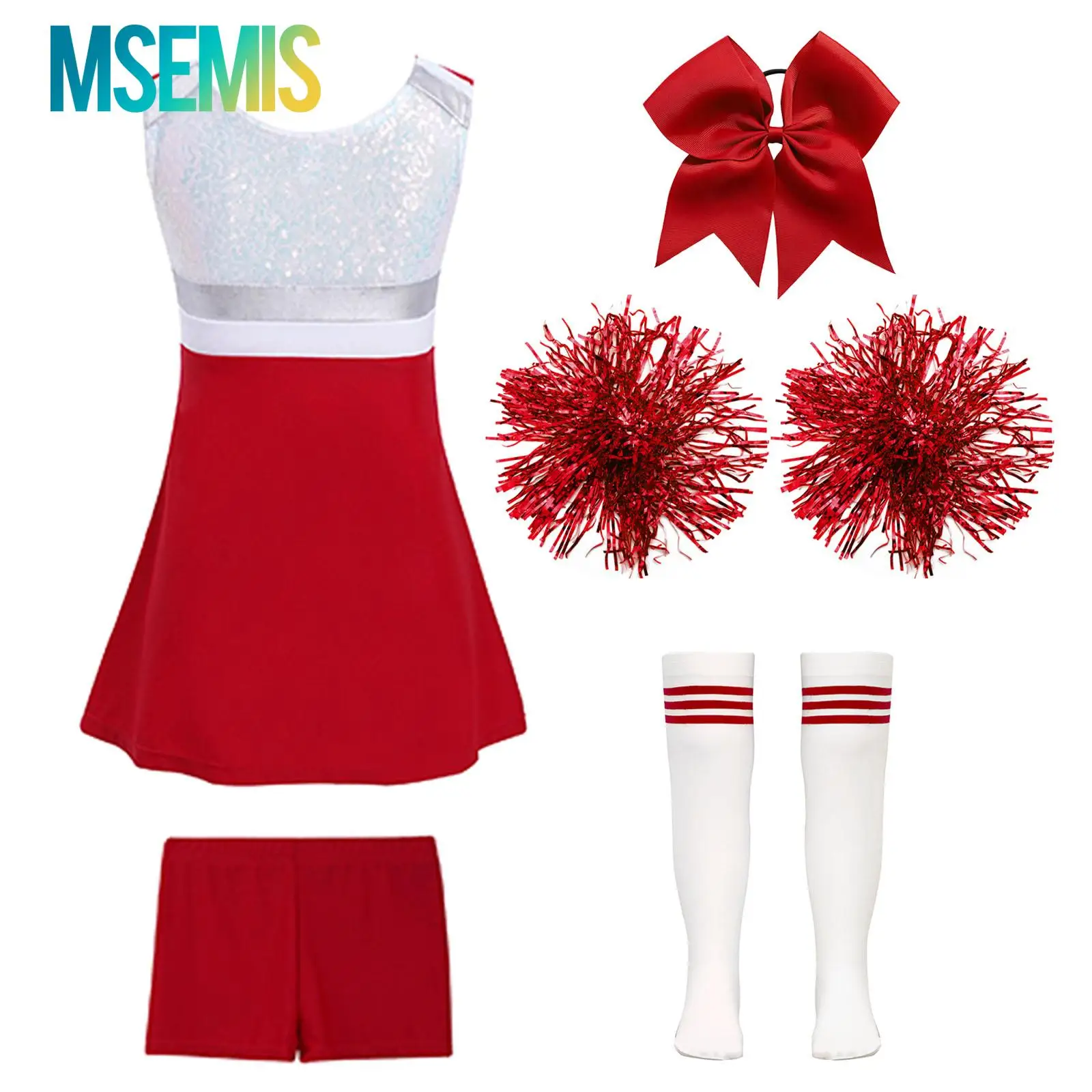 Kids Girls Cheerleader Costume Cheerleading Uniform Cheer Modern Dance Outfit Shiny Sequins Dress with Shorts Dancewear