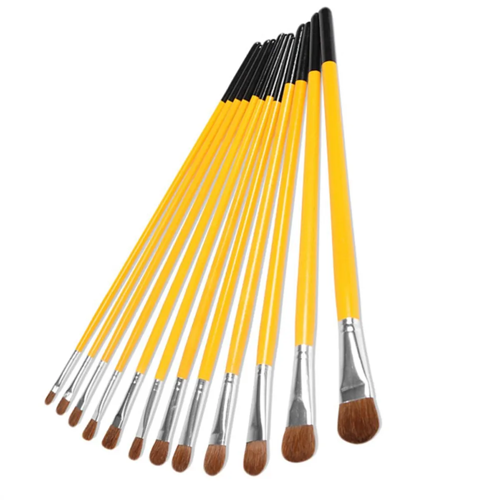 1 Set 12pcs Wooden Painting Brush Set Acrylic Painting Hair Oil Painting Brush Set for Painting (Yellow)