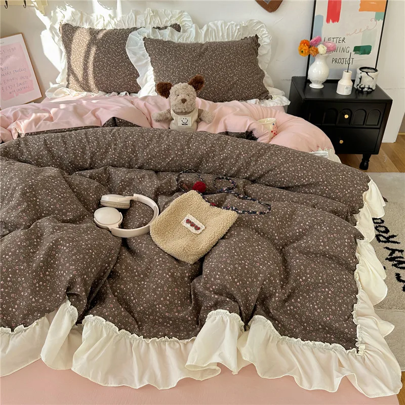 3/4-teiliges Bettwäsche-Set im koreanischen Prinzessinnen-Stil mit Blumenmuster und Rüschen, Einzel-, Queen- und Kingsize-Bettbezug-Set, Bettlaken und Kissenbezüge