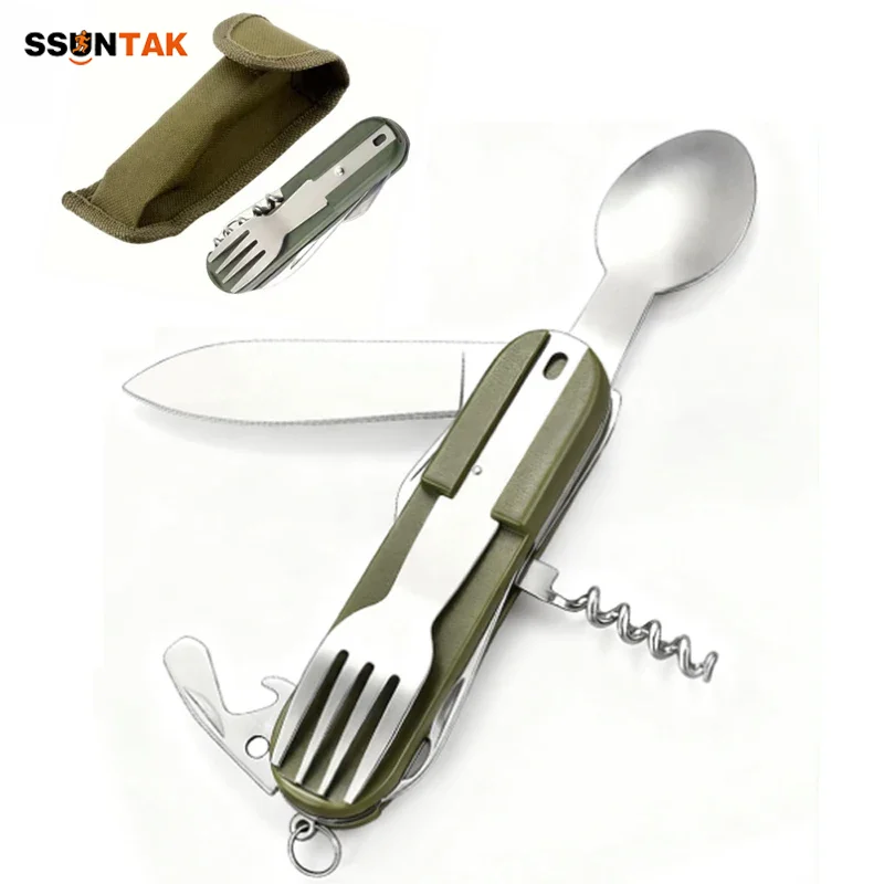 

SSUNTAK Multifunctional 7 in 1 Stainless Steel Foldable Outdoor Cutlery Set Portable Knife Spoon Fork for Camping Picnic Travel