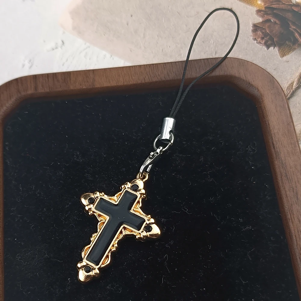 Vintage Gold Cross Phone Charm Ornate Rhinestone Inlaid White Enamel Gothic Aesthetic Keychain Pendant Accessory
