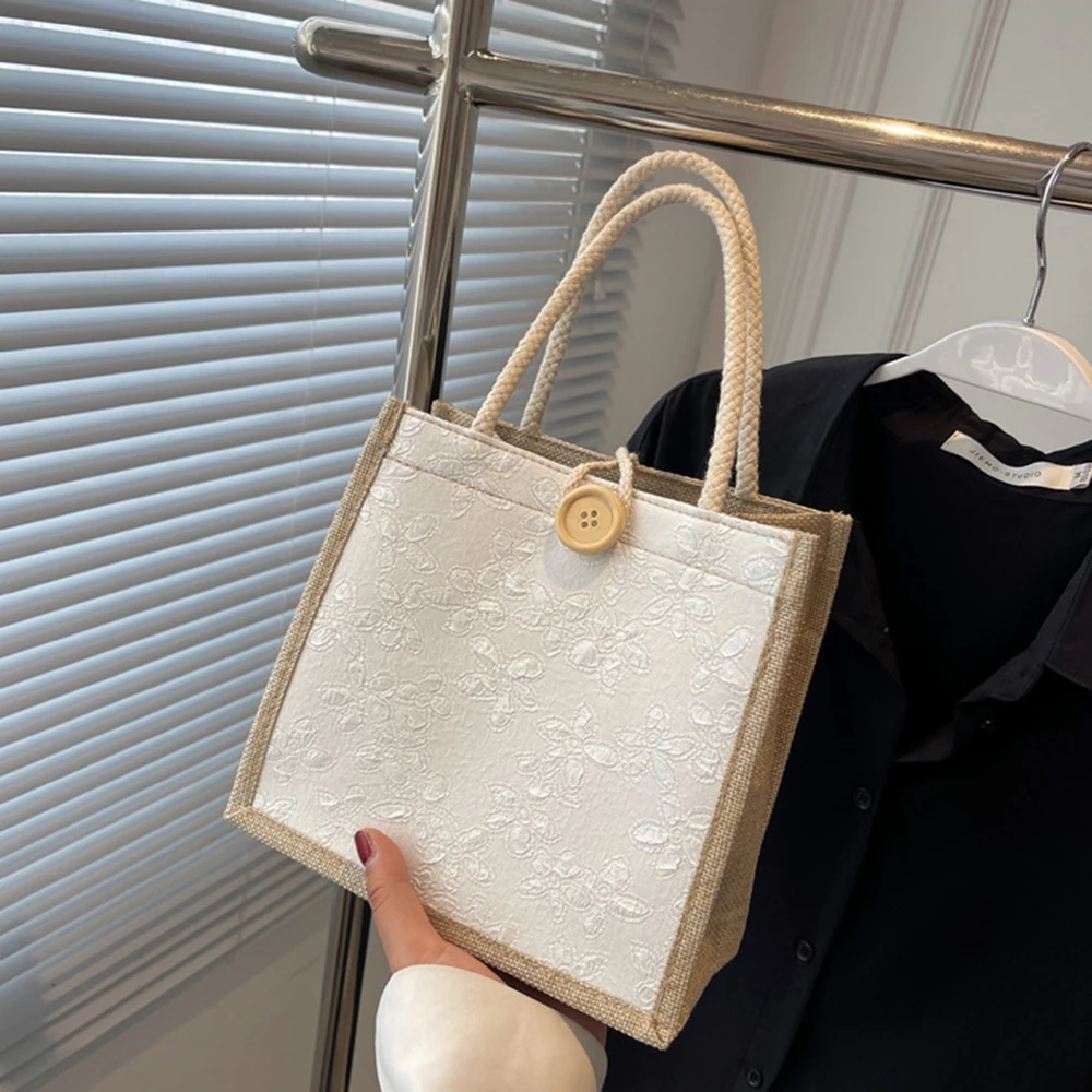 Flower Print Burlap Tote Bags Women Linen Tote Shopper Purses Summer Beach Handbags Portable Eco Top Handle Shopping Bag